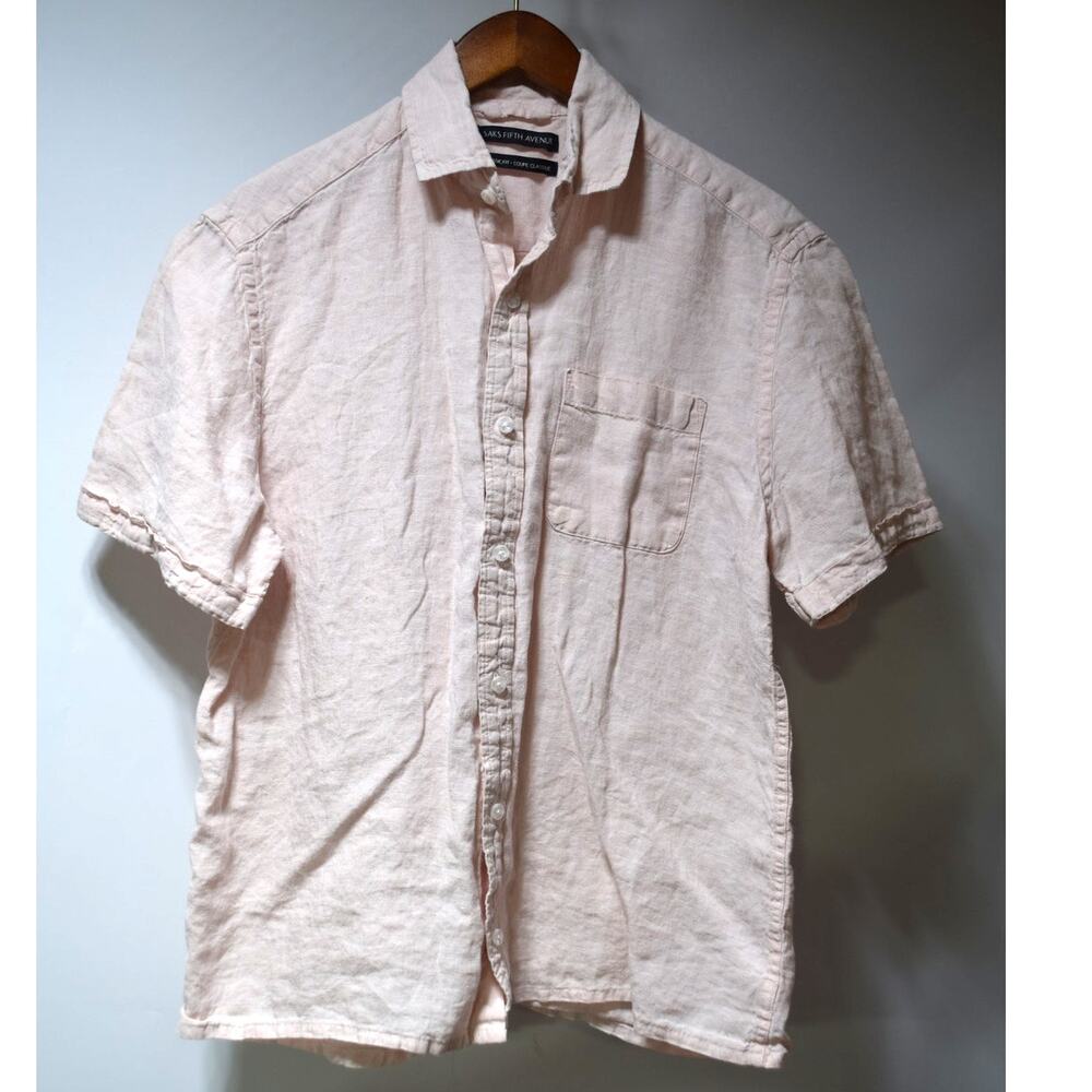 Saks Fifth Avenue Men's Pink Linen Button Front Short Sleeve Shirt Medium